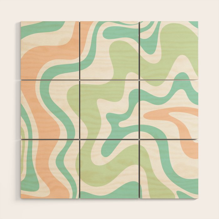 Retro Liquid Candy Swirl Abstract Pattern in Pastel Mint Teal and Salmon Blush on White Wood Wall Art Gallery Image 1