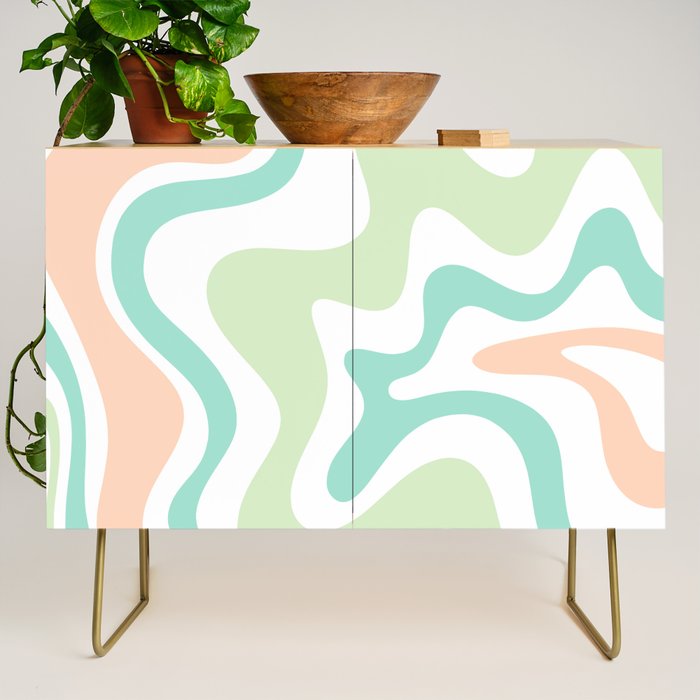 Retro Liquid Candy Swirl Abstract Pattern in Pastel Mint Teal and Salmon Blush on White Credenza Gallery Image 1