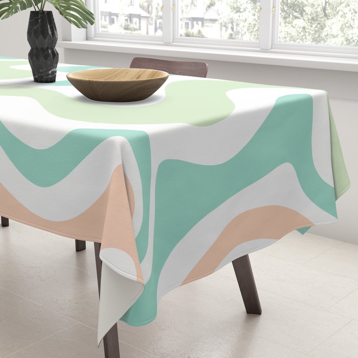 Retro Liquid Candy Swirl Abstract Pattern in Pastel Mint Teal and Salmon Blush on White Tablecloth Gallery Image 3