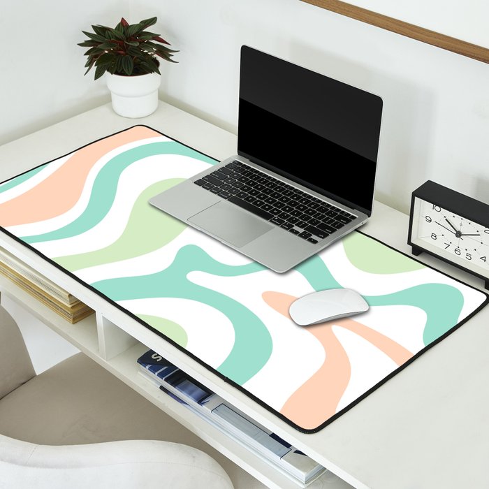 Retro Liquid Candy Swirl Abstract Pattern in Pastel Mint Teal and Salmon Blush on White Desk Mat Gallery Image 2