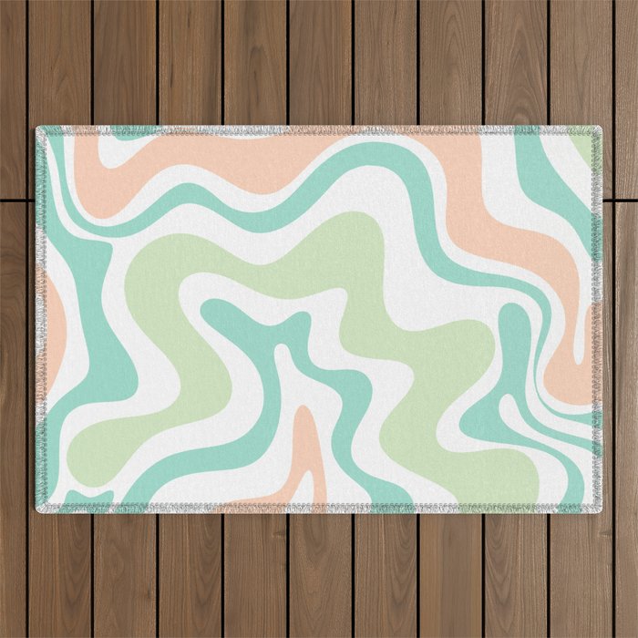 Retro Liquid Candy Swirl Abstract Pattern in Pastel Mint Teal and Salmon Blush on White Outdoor Rug Gallery Image 1