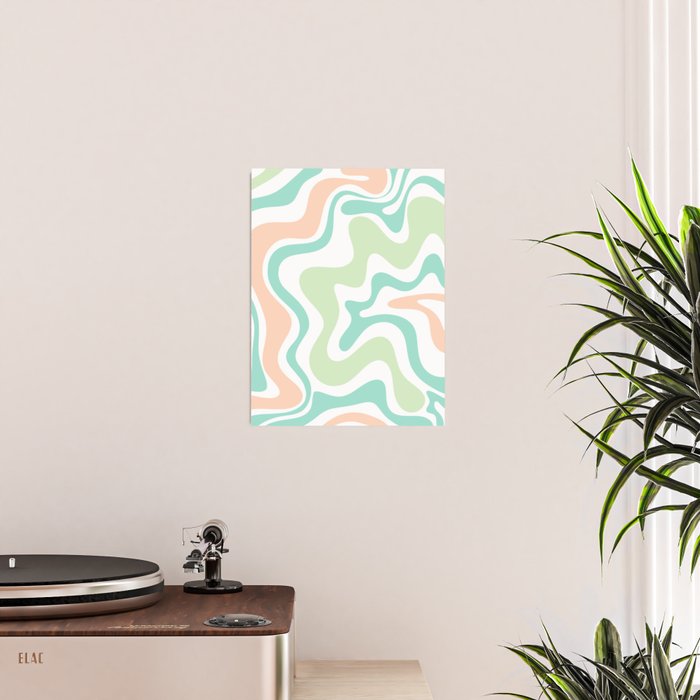 Retro Liquid Candy Swirl Abstract Pattern in Pastel Mint Teal and Salmon Blush on White Poster Gallery Image 2
