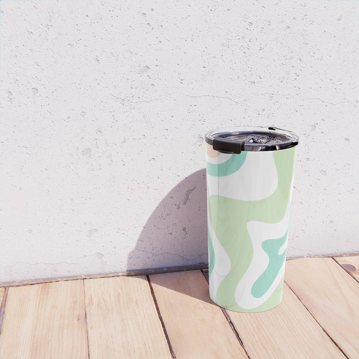 Retro Liquid Candy Swirl Abstract Pattern in Pastel Mint Teal and Salmon Blush on White Travel Mug Gallery Image 4