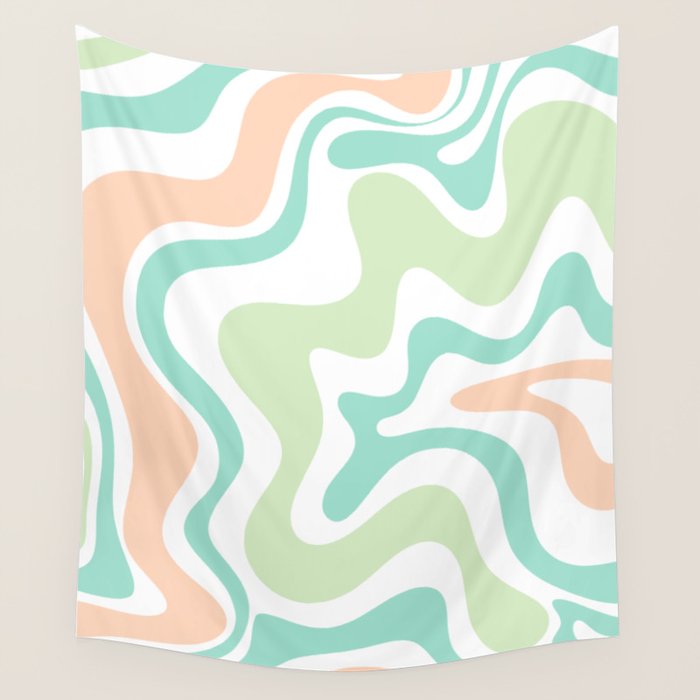 Retro Liquid Candy Swirl Abstract Pattern in Pastel Mint Teal and Salmon Blush on White Wall Tapestry Gallery Image 1
