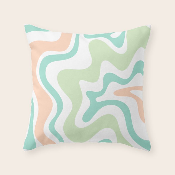 Retro Liquid Candy Swirl Abstract Pattern in Pastel Mint Teal and Salmon Blush on White Throw Pillow Gallery Image 6
