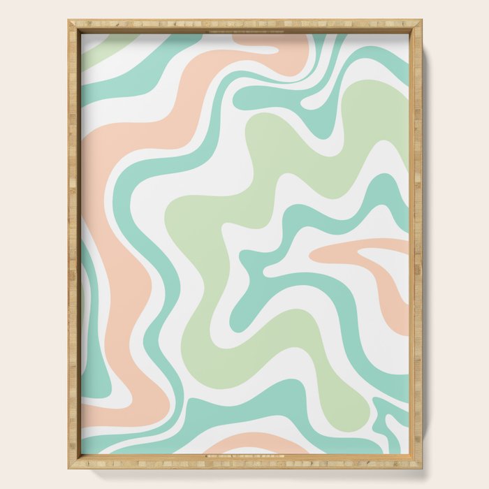 Retro Liquid Candy Swirl Abstract Pattern in Pastel Mint Teal and Salmon Blush on White Serving Tray Gallery Image 1