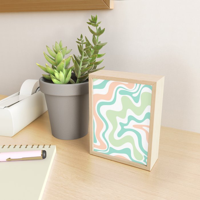 Retro Liquid Candy Swirl Abstract Pattern in Pastel Mint Teal and Salmon Blush on White Mini Art Print Gallery Image 2