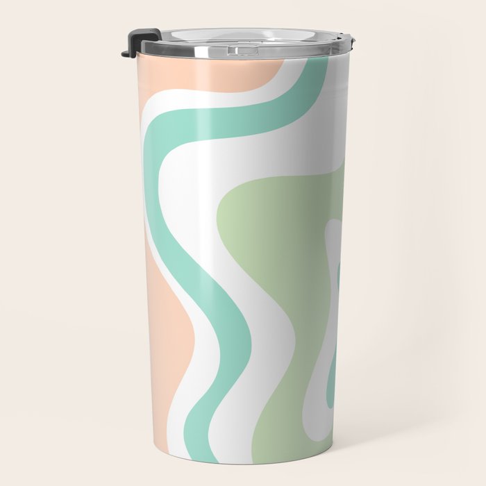 Retro Liquid Candy Swirl Abstract Pattern in Pastel Mint Teal and Salmon Blush on White Travel Mug Gallery Image 3