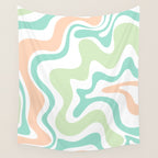 Retro Liquid Candy Swirl Abstract Pattern in Pastel Mint Teal and Salmon Blush on White Wall Tapestry Gallery Image 4