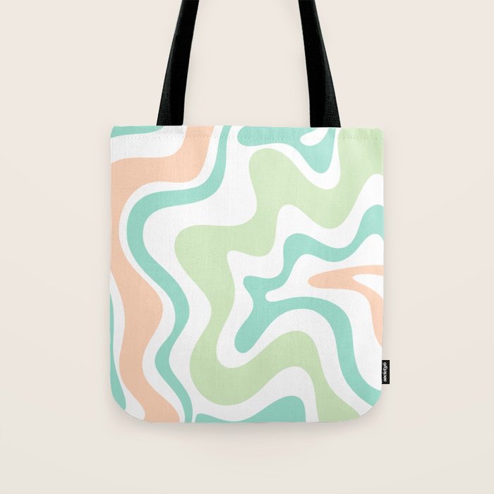 Retro Liquid Candy Swirl Abstract Pattern in Pastel Mint Teal and Salmon Blush on White Tote Bag Gallery Image 1