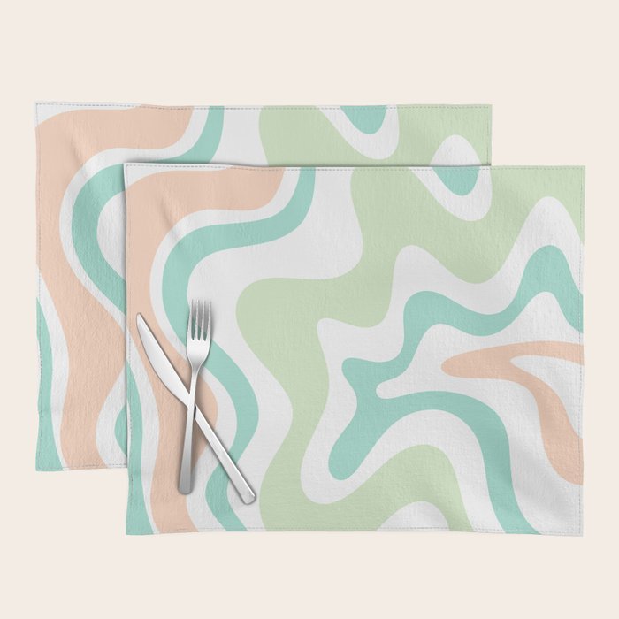 Retro Liquid Candy Swirl Abstract Pattern in Pastel Mint Teal and Salmon Blush on White Placemat Gallery Image 1