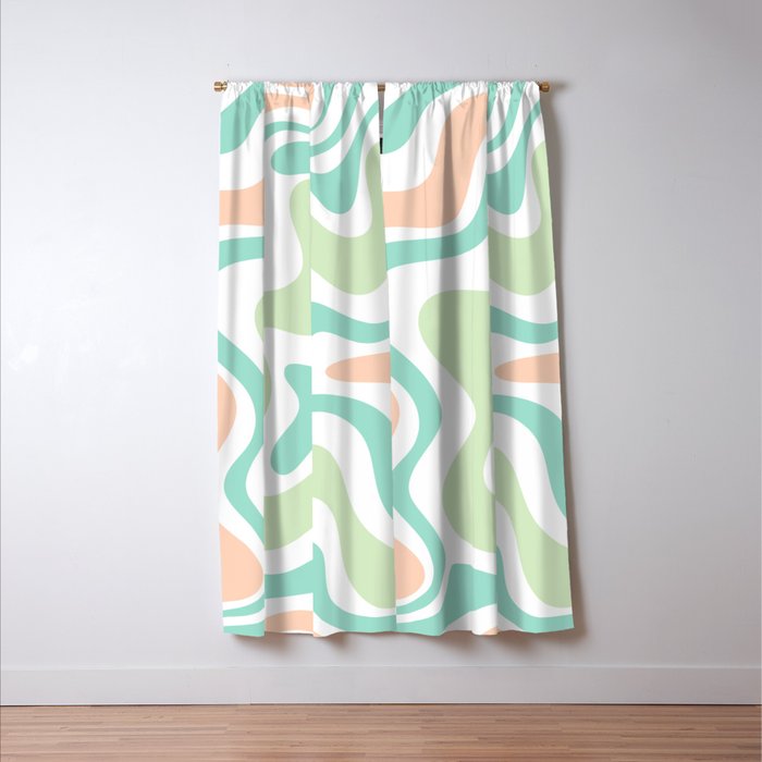 Retro Liquid Candy Swirl Abstract Pattern in Pastel Mint Teal and Salmon Blush on White Window Curtain Gallery Image 3