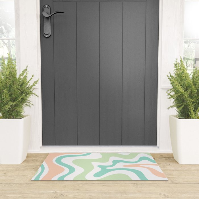 Retro Liquid Candy Swirl Abstract Pattern in Pastel Mint Teal and Salmon Blush on White Welcome Mat Gallery Image 3