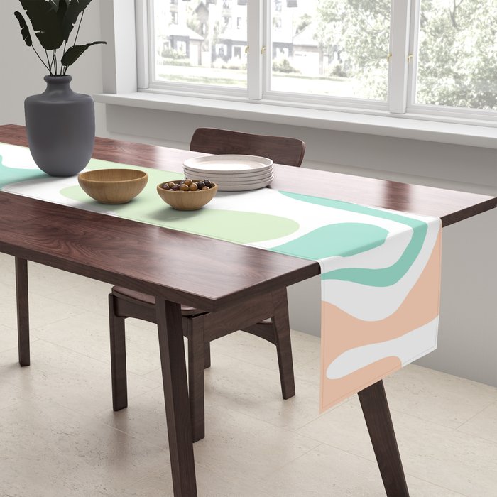 Retro Liquid Candy Swirl Abstract Pattern in Pastel Mint Teal and Salmon Blush on White Table Runner Gallery Image 2