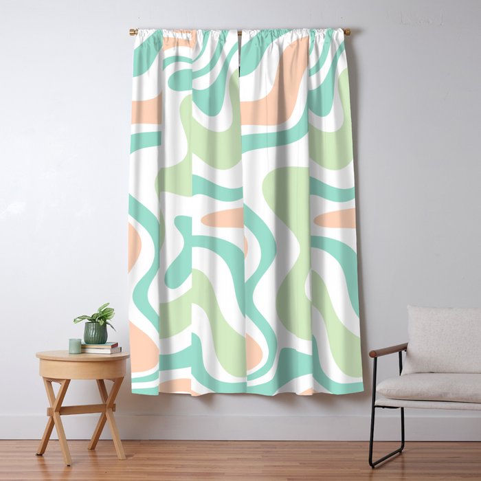 Retro Liquid Candy Swirl Abstract Pattern in Pastel Mint Teal and Salmon Blush on White Window Curtain Gallery Image 1
