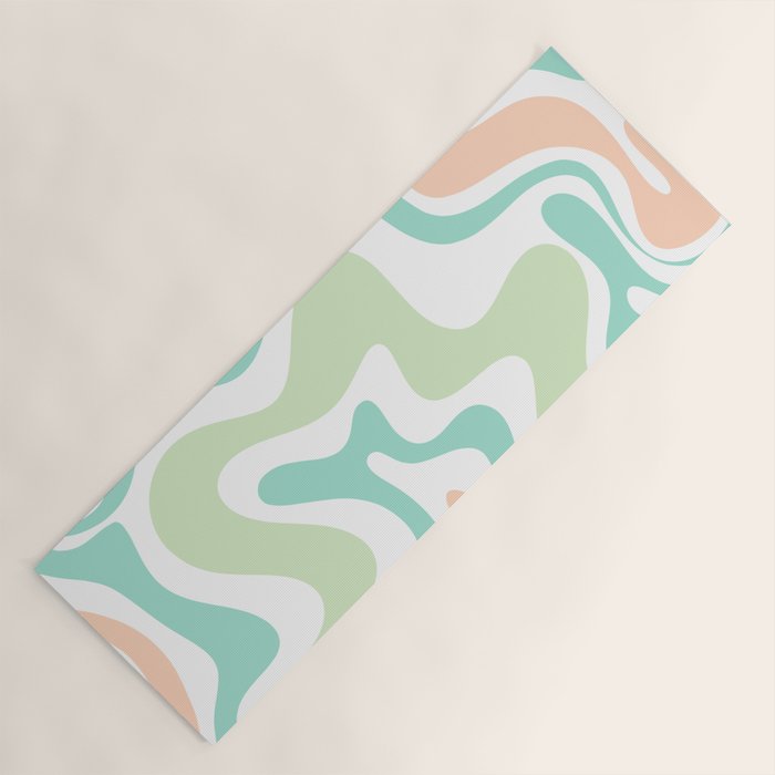 Retro Liquid Candy Swirl Abstract Pattern in Pastel Mint Teal and Salmon Blush on White Yoga Mat Gallery Image 1