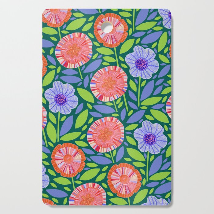 Folk Floral Blossoms in Turquoise Cutting Board Gallery Image 1