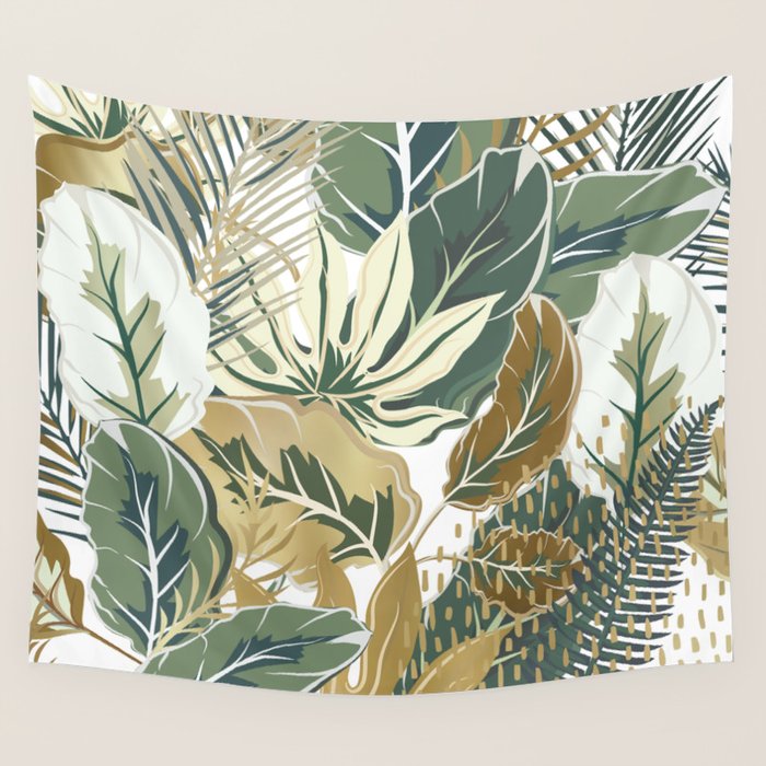 Wild Tropical Prints, Green and Gold Wall Tapestry Gallery Image 4
