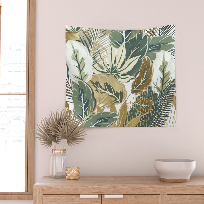 Wild Tropical Prints, Green and Gold Wall Tapestry Gallery Image 2