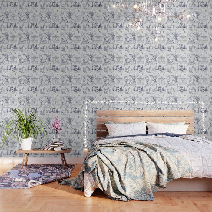 Toile de Jouy Modern Vintage French Lovers Blue & White Art Print Wallpaper Gallery Image 3