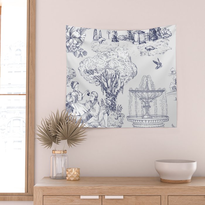 Toile de Jouy Modern Vintage French Lovers Blue & White Art Print Wall Tapestry Gallery Image 2