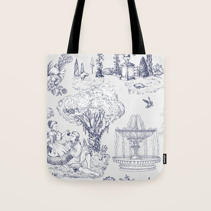 Toile de Jouy Modern Vintage French Lovers Blue & White Art Print Tote Bag Gallery Image 1