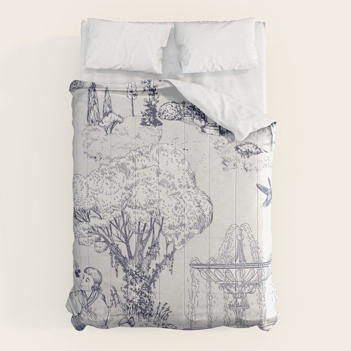 Toile de Jouy Modern Vintage French Lovers Blue & White Art Print Comforter Gallery Image 6
