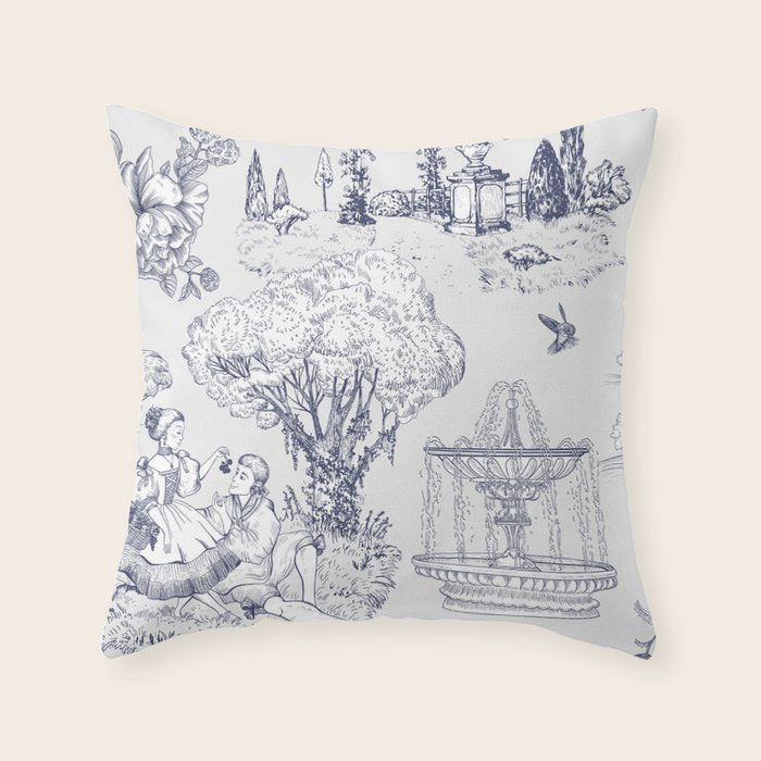 Toile de Jouy Modern Vintage French Lovers Blue & White Art Print Throw Pillow Gallery Image 6