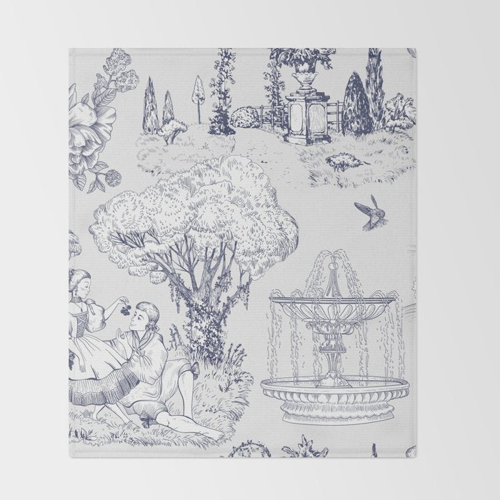Toile de Jouy Modern Vintage French Lovers Blue & White Art Print Throw Blanket Gallery Image 2