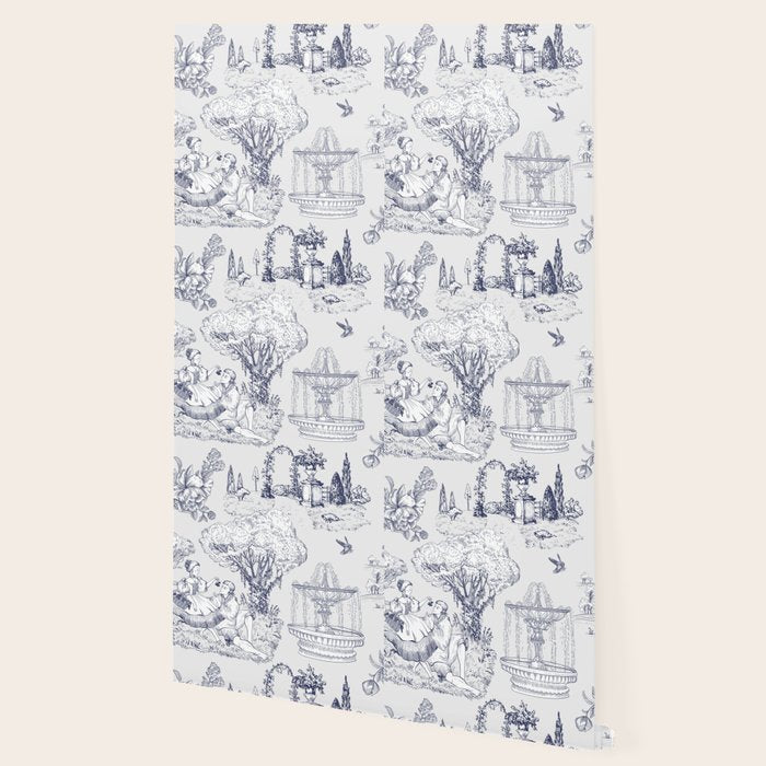 Toile de Jouy Modern Vintage French Lovers Blue & White Art Print Wallpaper Gallery Image 2