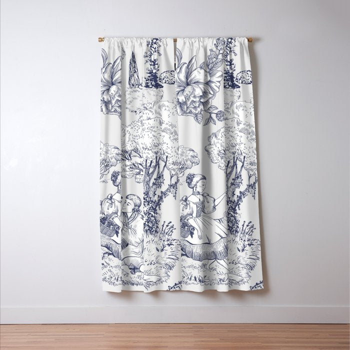 Toile de Jouy Modern Vintage French Lovers Blue & White Art Print Window Curtain Gallery Image 3