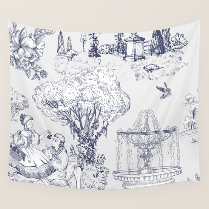Toile de Jouy Modern Vintage French Lovers Blue & White Art Print Wall Tapestry Gallery Image 4