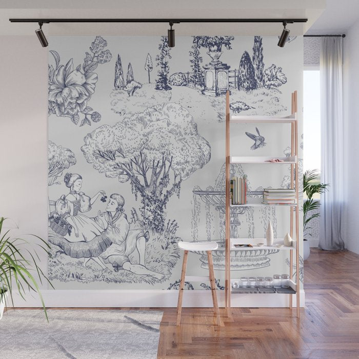 Toile de Jouy Modern Vintage French Lovers Blue & White Art Print Wall Mural Gallery Image 1