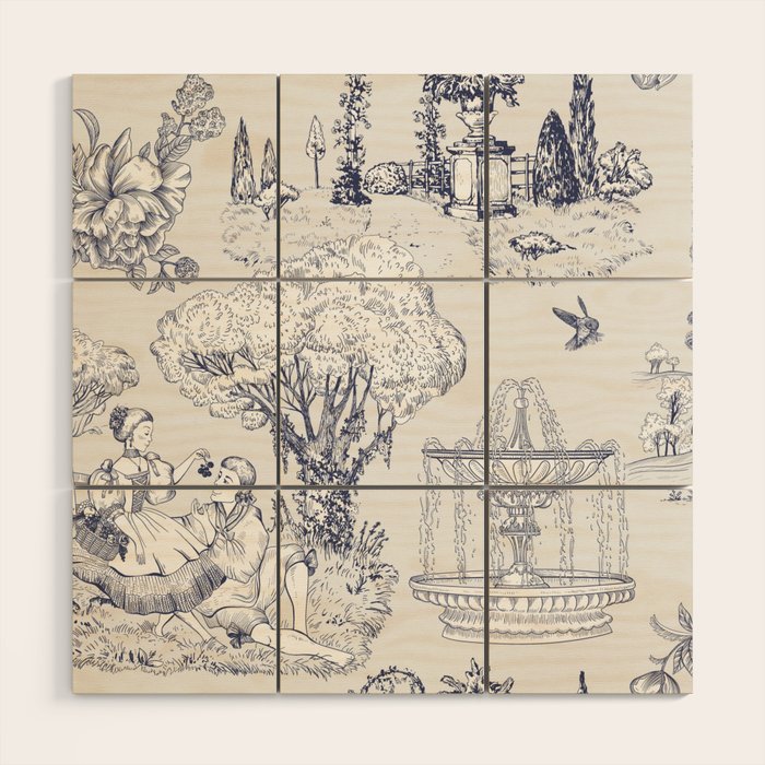 Toile de Jouy Modern Vintage French Lovers Blue & White Art Print Wood Wall Art Gallery Image 1