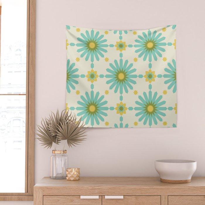 Geometric Starbursts - Blue + Yellow Wall Tapestry Gallery Image 2