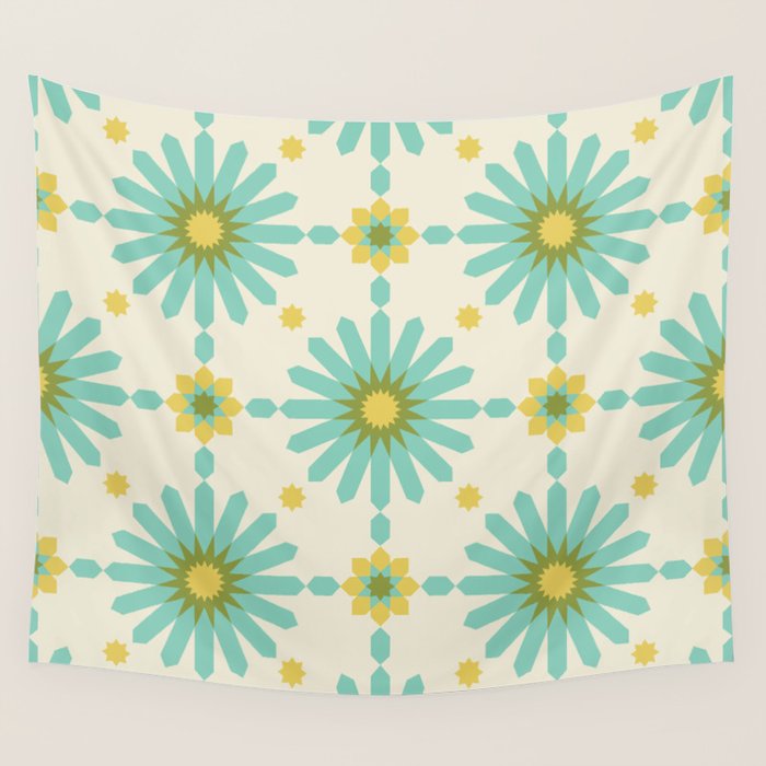 Geometric Starbursts - Blue + Yellow Wall Tapestry Gallery Image 1