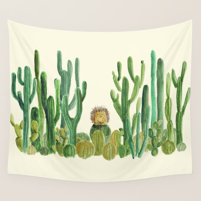 In my happy place - hedgehog meditating in cactus jungle Wall Tapestry Gallery Image 4