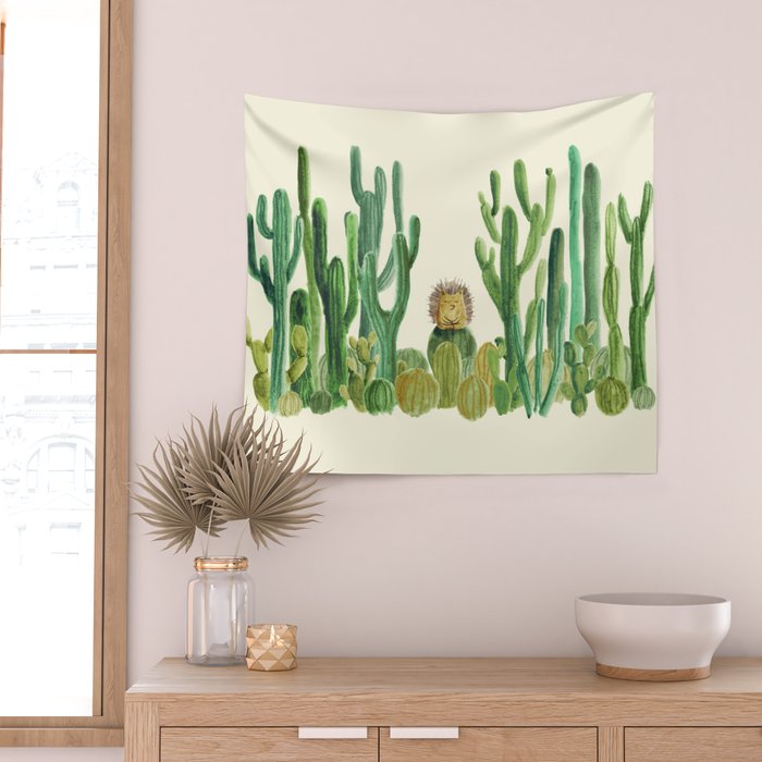 In my happy place - hedgehog meditating in cactus jungle Wall Tapestry Gallery Image 2