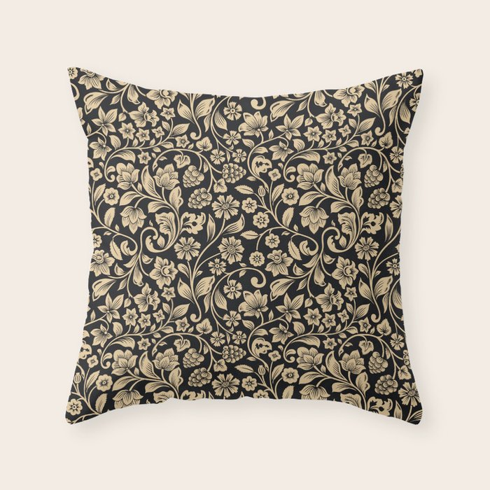 William Morris Style Art Nouveau Dark Floral Throw Pillow Gallery Image 1