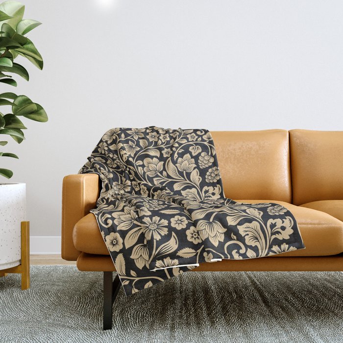 William Morris Style Art Nouveau Dark Floral Throw Blanket Gallery Image 1