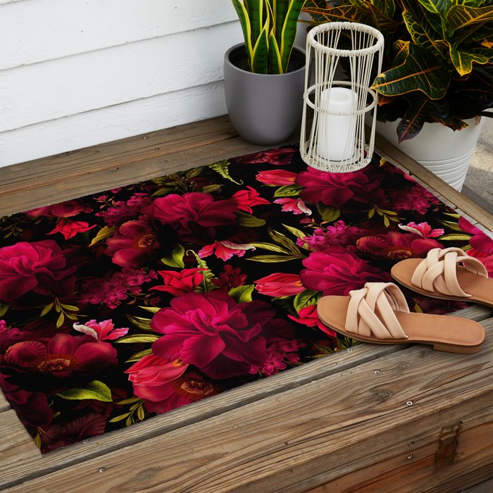 Vintage & Shabby Chic - Dark Red Antique Night Roses Botanical Garden Outdoor Rug Gallery Image 2