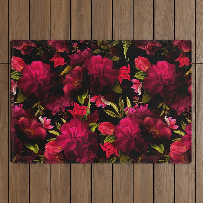 Vintage & Shabby Chic - Dark Red Antique Night Roses Botanical Garden Outdoor Rug Gallery Image 1
