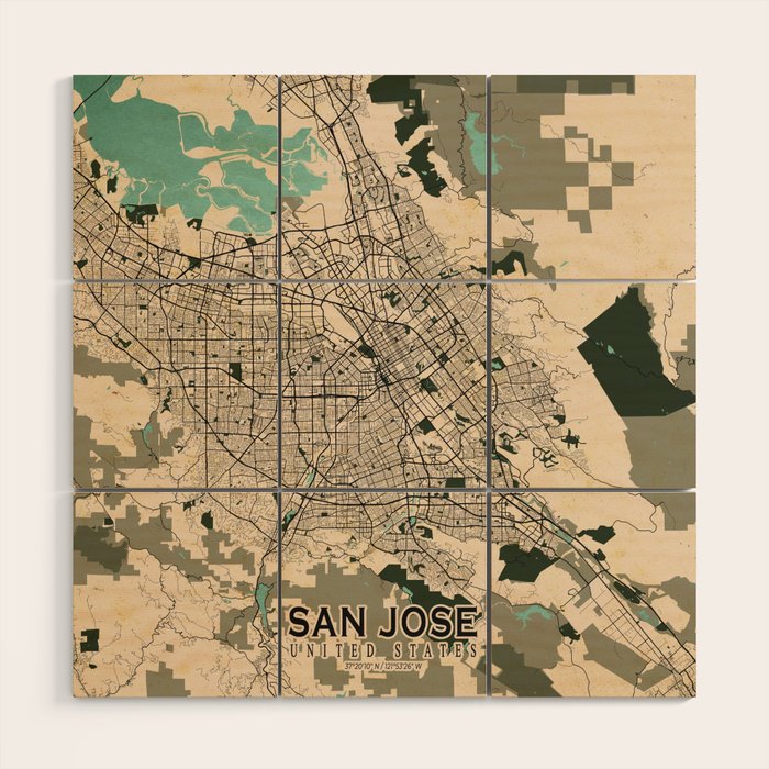 San Jose City Map of California, USA - Vintage Wood Wall Art Gallery Image 1