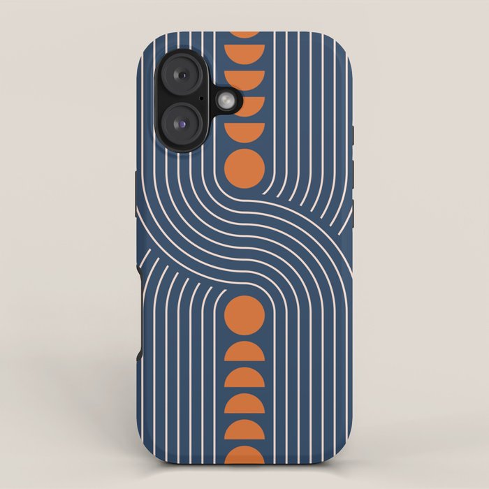 Geometric Lines in Navy and Orange (Rainbow and Moon Phases Abstract) iPhone Case Gallery Image 1