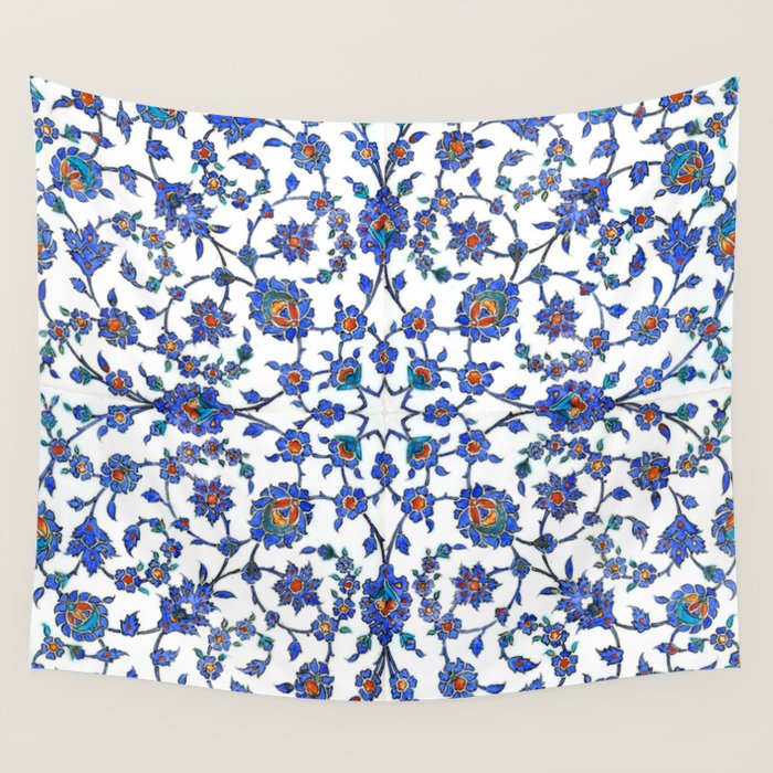 Ottoman Arabesque Iznik Pattern Indigo Blue White & Red Wall Tapestry Gallery Image 1
