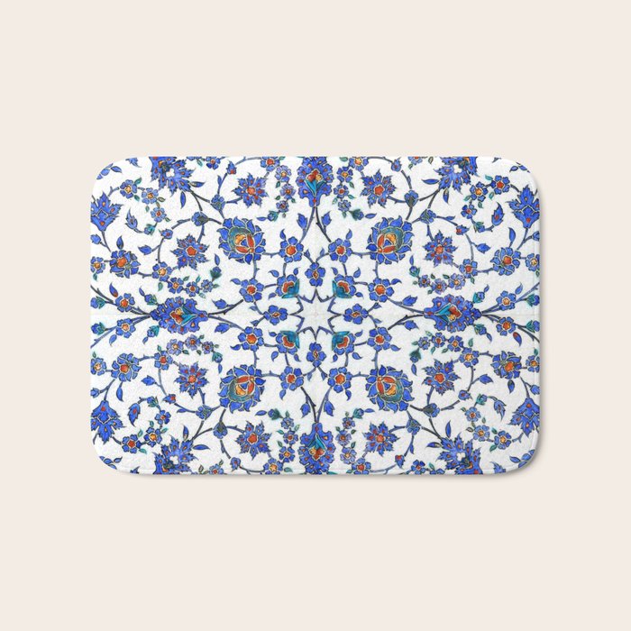 Ottoman Arabesque Iznik Pattern Indigo Blue White & Red Bath Mat Gallery Image 1