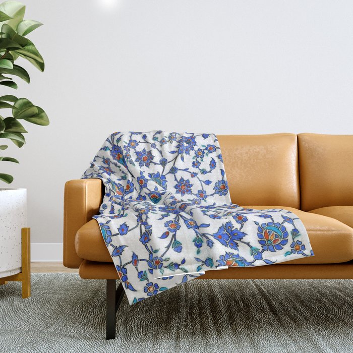 Ottoman Arabesque Iznik Pattern Indigo Blue White & Red Throw Blanket Gallery Image 1