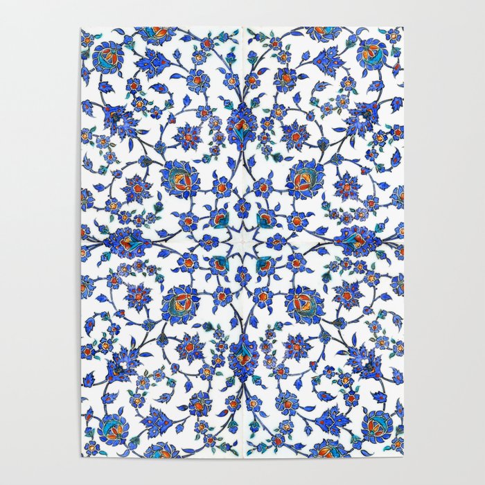 Ottoman Arabesque Iznik Pattern Indigo Blue White & Red Poster Gallery Image 1