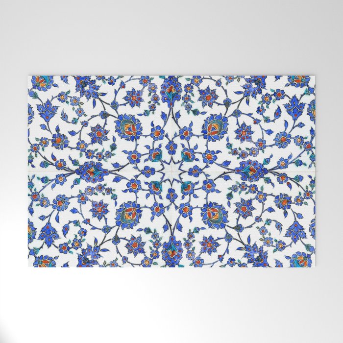 Ottoman Arabesque Iznik Pattern Indigo Blue White & Red Welcome Mat Gallery Image 1