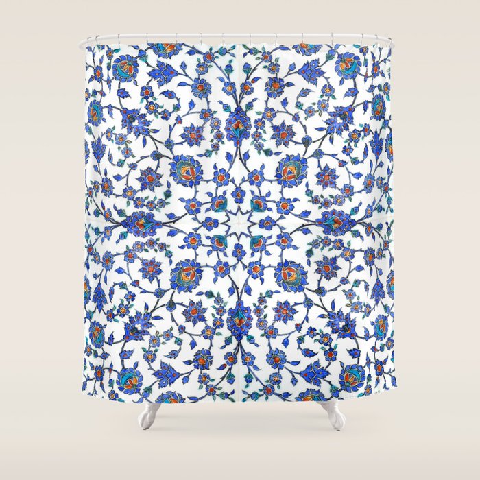 Ottoman Arabesque Iznik Pattern Indigo Blue White & Red Shower Curtain Gallery Image 1